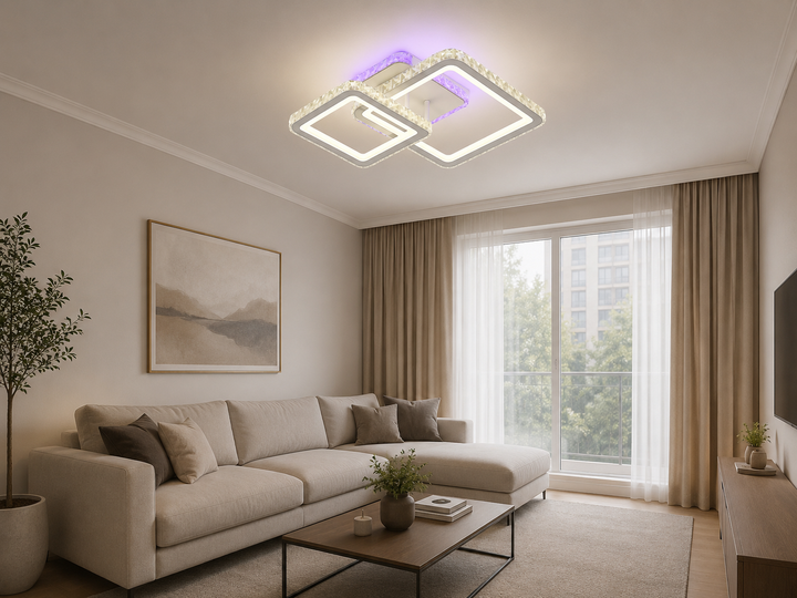 Lustră LED cu telecomandă, 135W, lumină reglabilă 3000K–6500K, 390×390×130 mm, design pătrat modern