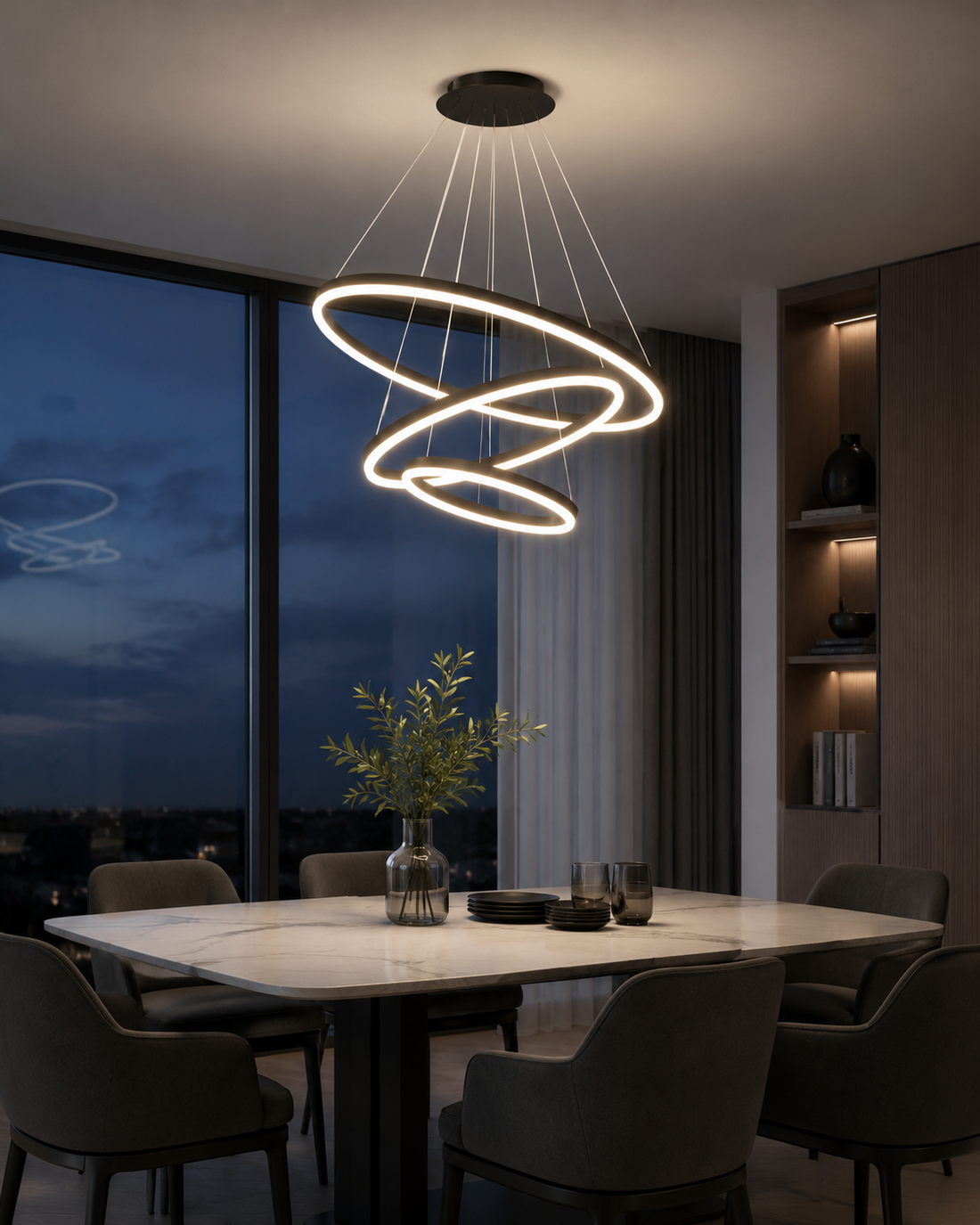 Pendul LED cu telecomandă, 140W, lumină reglabilă 3000K–6500K, Ø600×H1500 mm, finisaj Negru