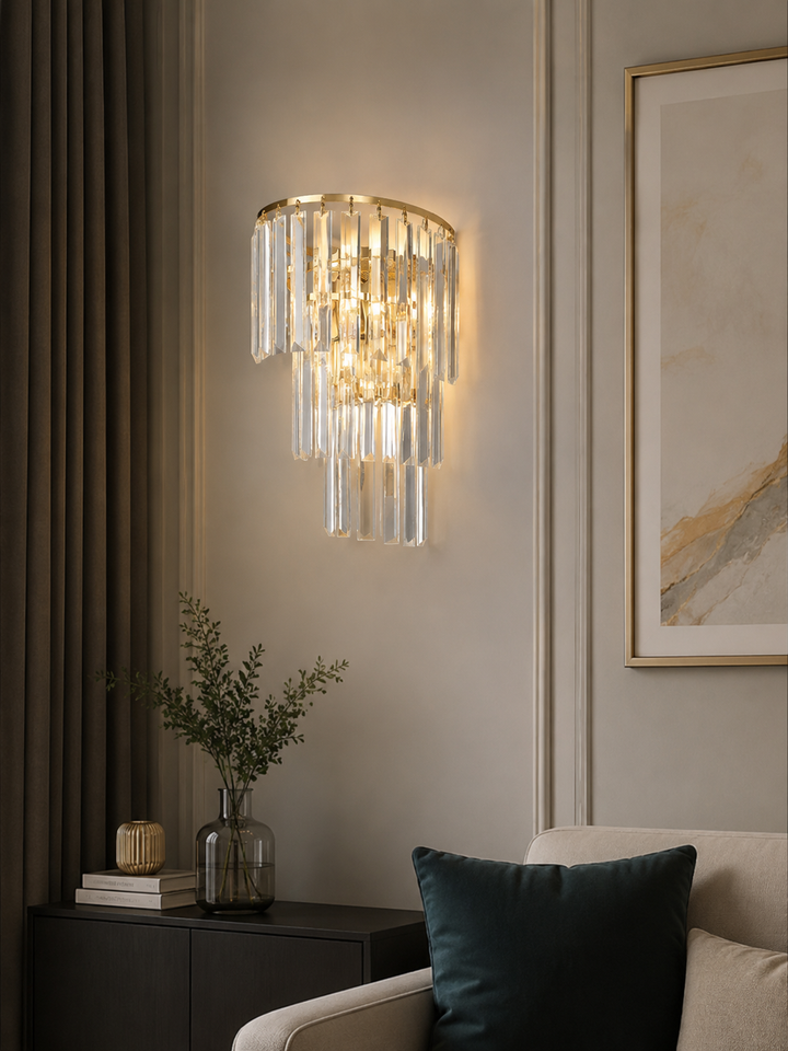 Aplica de perete cu cristale, 2 becuri E14, 230 mm, design luxos tip cascadă, finisaj auriu (FG)98068/2