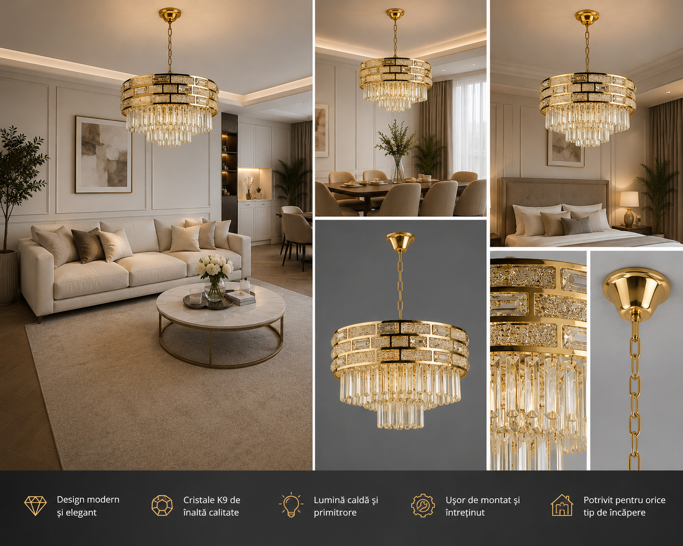 Candelabru Auriu Cristal 10 Becuri E27, Ø500 mm, Design Modern Luxos, Fara Telecomanda