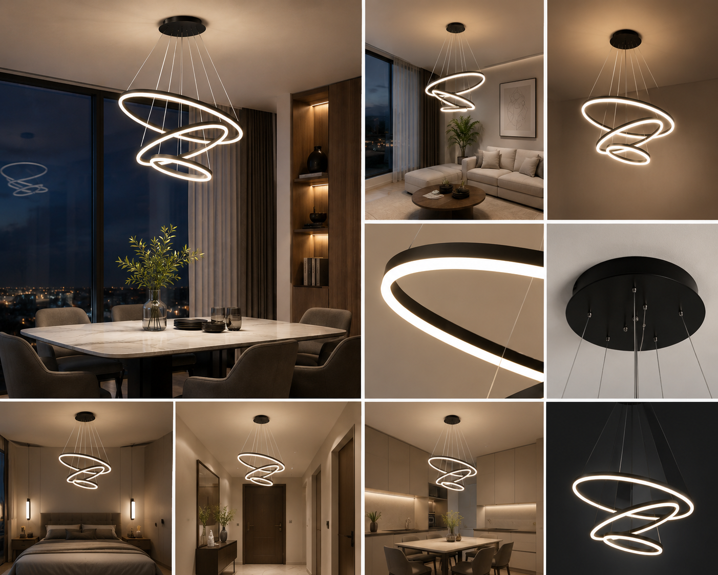 Pendul LED cu telecomandă, 140W, lumină reglabilă 3000K–6500K, Ø600×H1500 mm, finisaj Negru