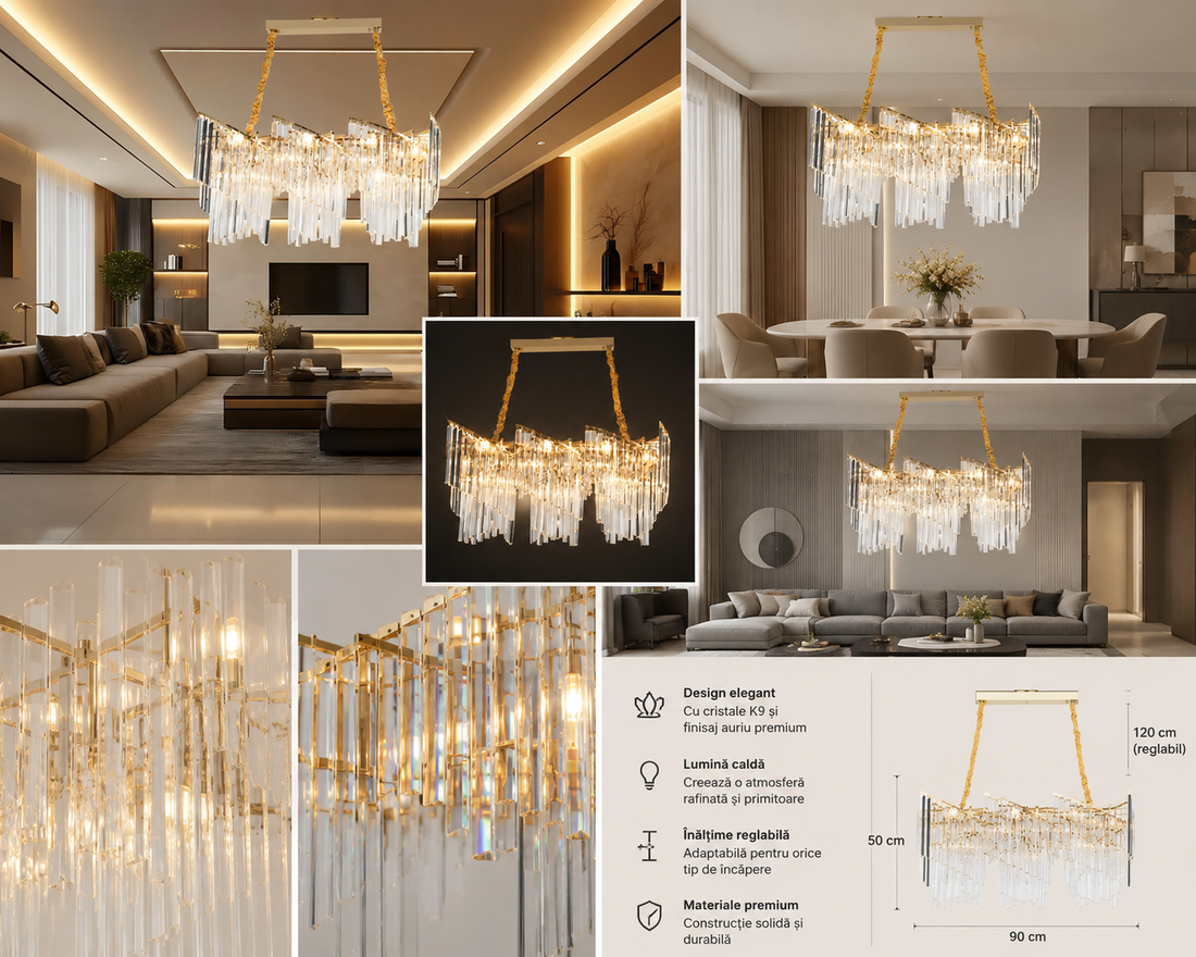 Candelabru decorativ cu 9 becuri E27, finisaj auriu, 800×300×400 mm, stil industrial-elegant 98068/800-300