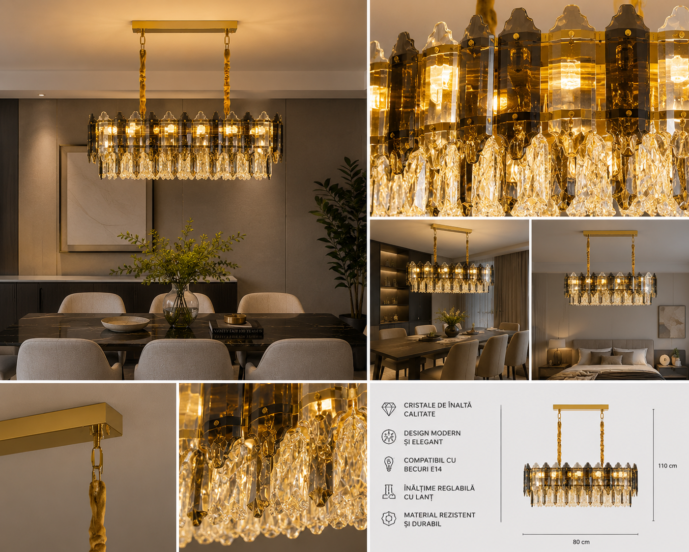 Candelabru dreptunghiular cu 12 surse E27, 800 × 300 mm, finisaj auriu – model 20564/800+300 FGD