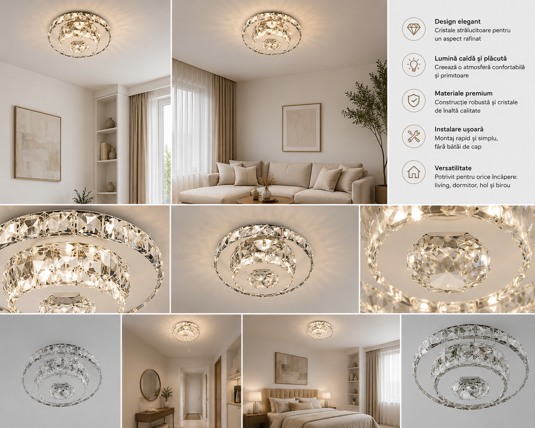 Aplica LED Cristal Moderna , 46W, 3 Trepte de Lumina, Ø25cm, Alb Rece-Cald