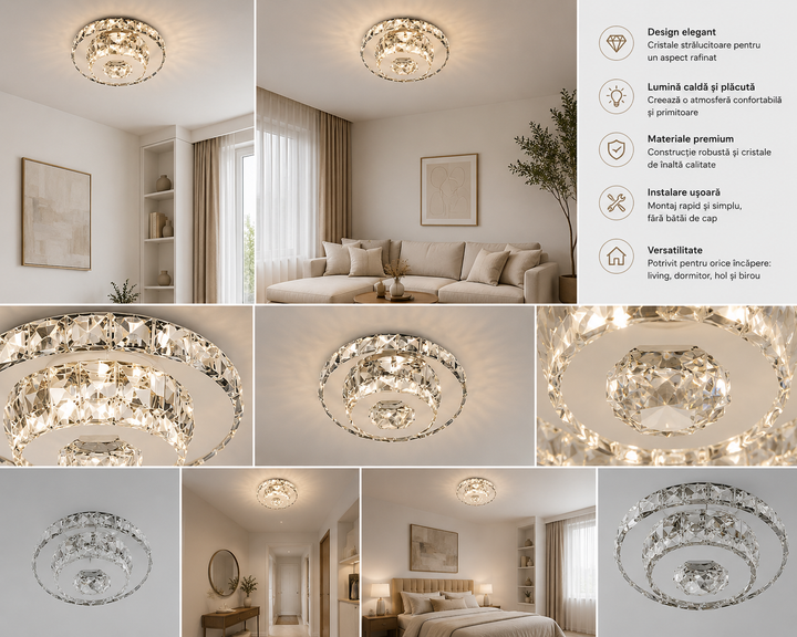 Aplica LED Cristal Moderna , 46W, 3 Trepte de Lumina, Ø25cm, Alb Rece-Cald