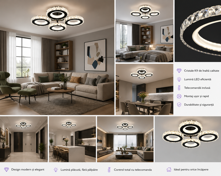 Lustra LED 19373/4WH+CR cu telecomandă, 96W, lumină reglabilă 3000–6500K, design modern alb și crom 19373/4BK