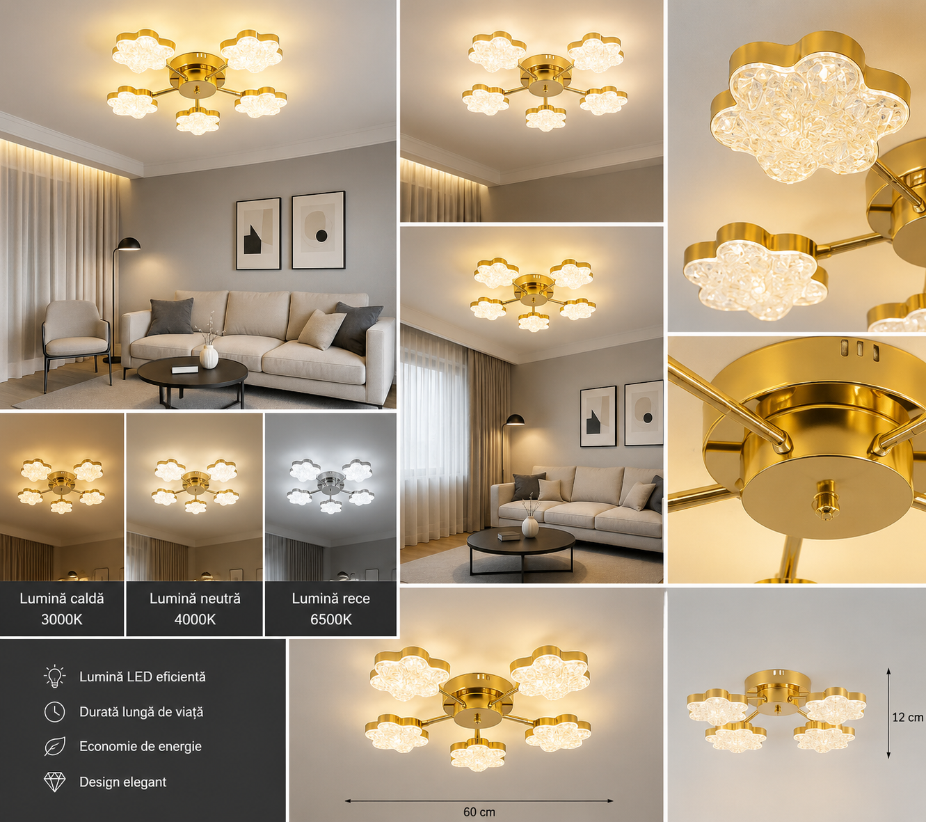 Lustră LED Florală din Cristal, 80W, Temperatură Reglabilă 3000–6500K, cu Telecomandă – 5 Brațe Aurii