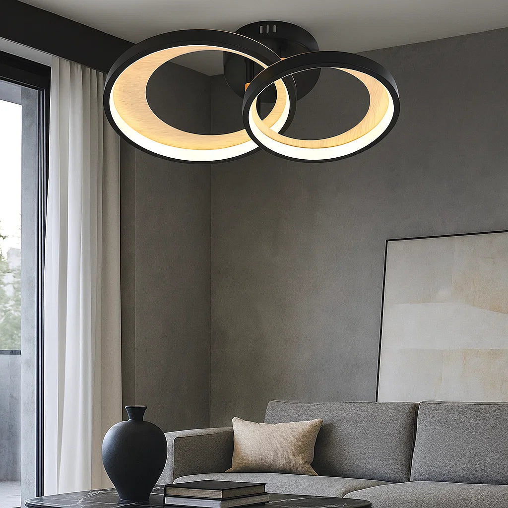 Lustra LED dublă 2x31W cu telecomandă, 435×285×90 mm, lumină reglabilă 3000–6500K – model 9431/2 BK+Wood grain