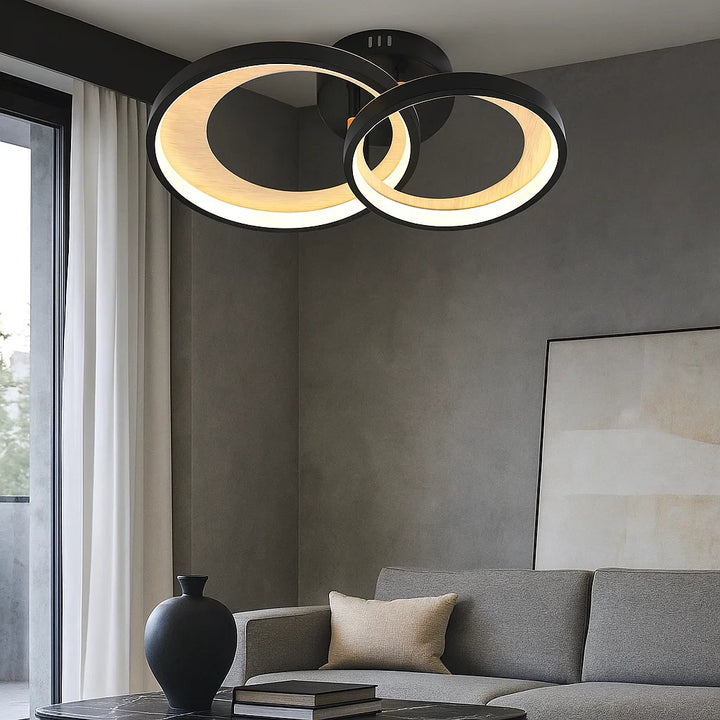 Lustra LED dublă 2x31W cu telecomandă, 435×285×90 mm, lumină reglabilă 3000–6500K – model 9431/2 BK+Wood grain