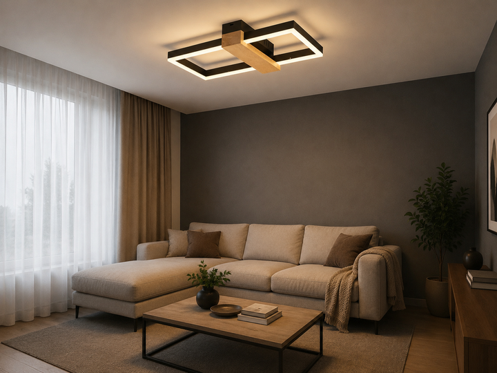 Lustra LED Modernă 9416 BK+WOOD – Stil Geometric cu Accente din Lemn