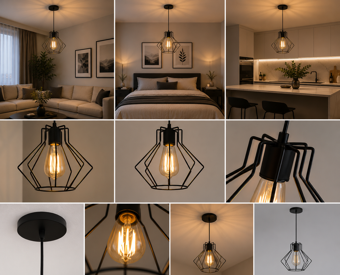 Pendul decorativ industrial, Ø200×H220 mm, 1xE27 max 60W, design geometric negru mat, fără telecomandă