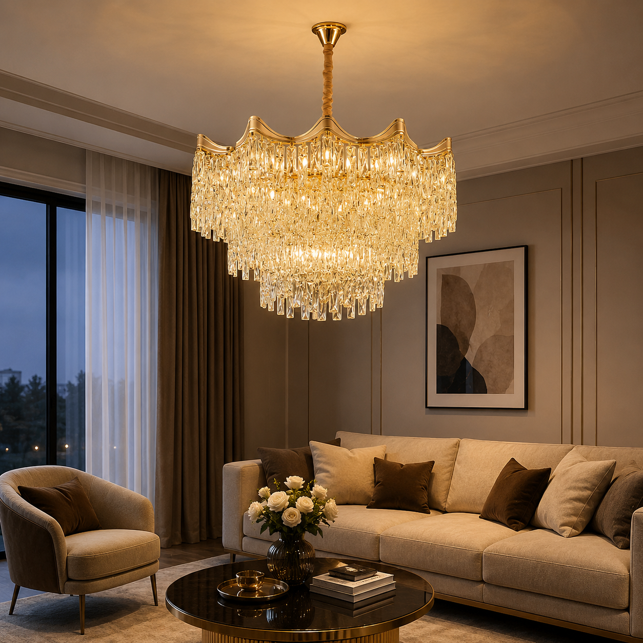 Candelabru Auriu cu Cristale – 10×E27, Ø56 cm, Rafinament și Lumină Generoasă