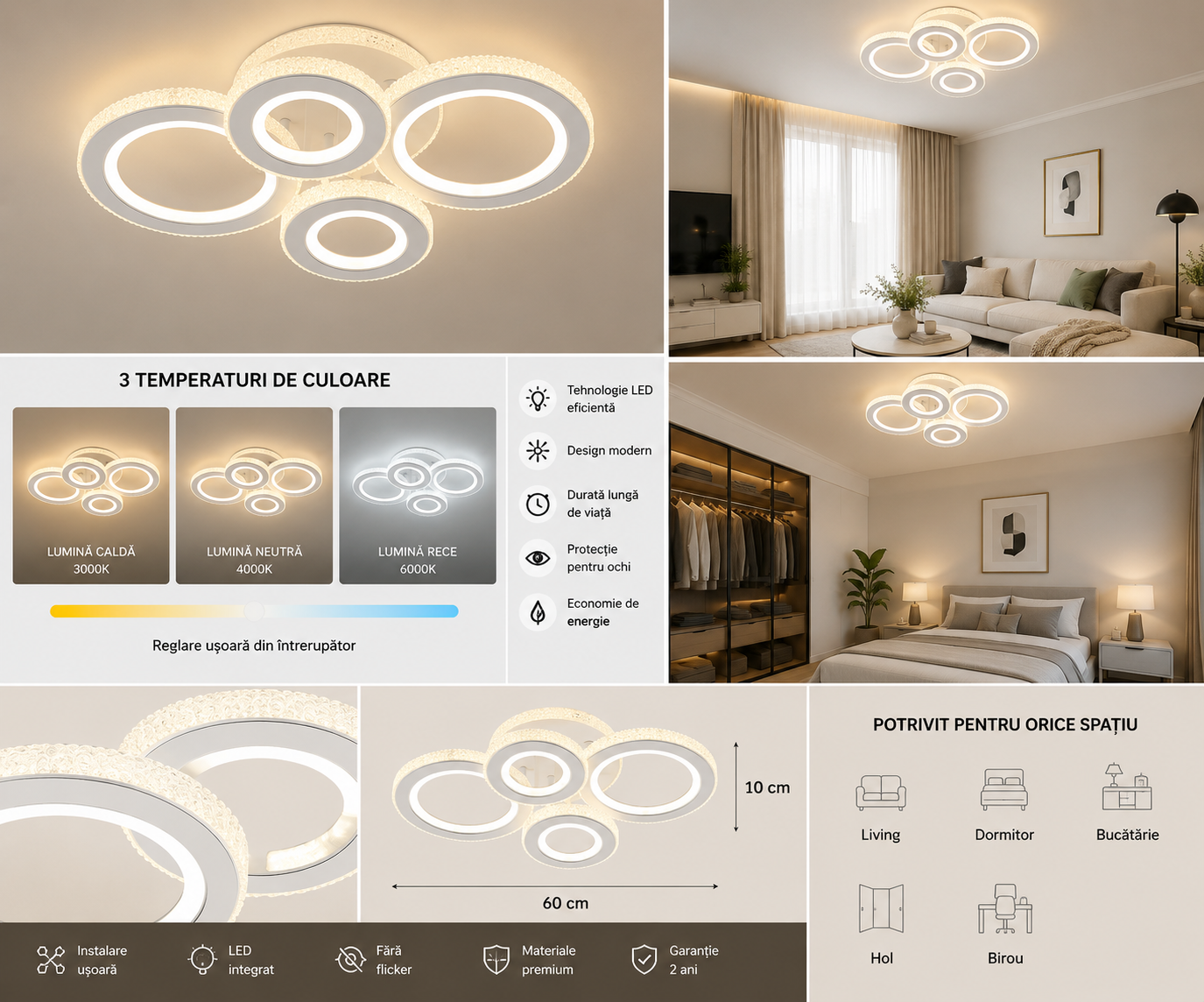 Lustră LED cu cristale, 150W, dimabilă cu telecomandă, lumină caldă-neutră-rece, Alb/Crom – Model 26032/2+2C