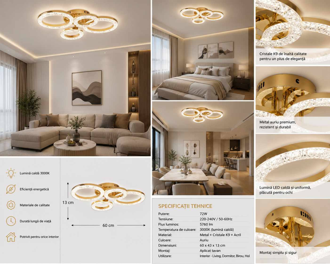Lustra LED modernă T8003/2+2 GD cu telecomandă, 120W, lumină reglabilă 3300K-6500K