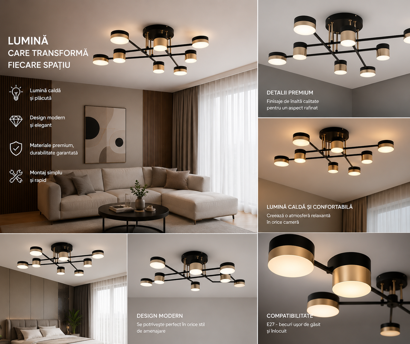 Lustra LED L7815/8BK+FGD – 96W, Design Elegant cu Accente Gold si Lumina Reglabila