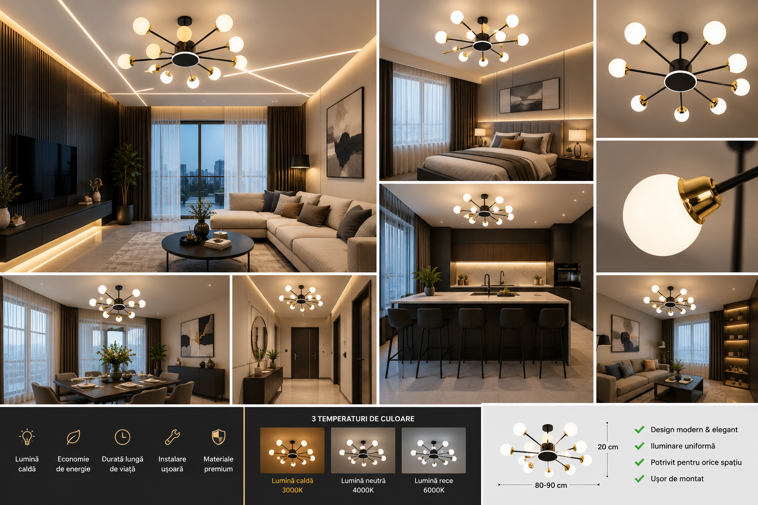 Lustra LED moderna cu globuri opal și accente aurii, 120W, Ø935×H130 mm, lumina reglabila 3000K–6500K, telecomanda inclusa
