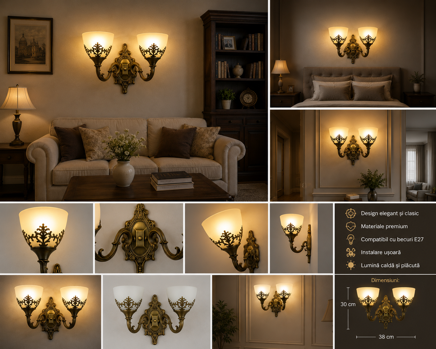 Aplica de perete dublă, stil vintage, 2 becuri E27, L420×220×230 mm, finisaj bronz antichizat (AB), design ornamental clasic