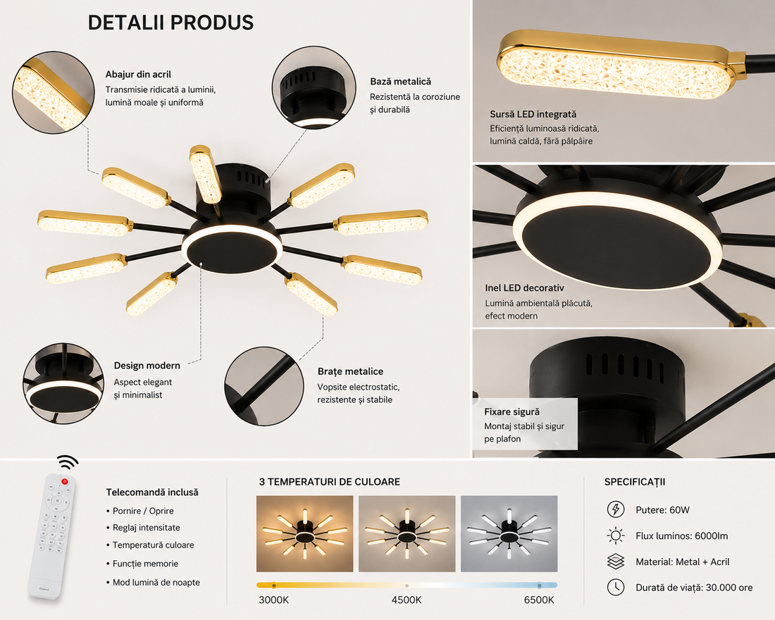 Lustra LED moderna, Ø862×H70 mm, 94×2W, reglaj 3000–6500K, telecomanda, 77265/6+6BK+JIN