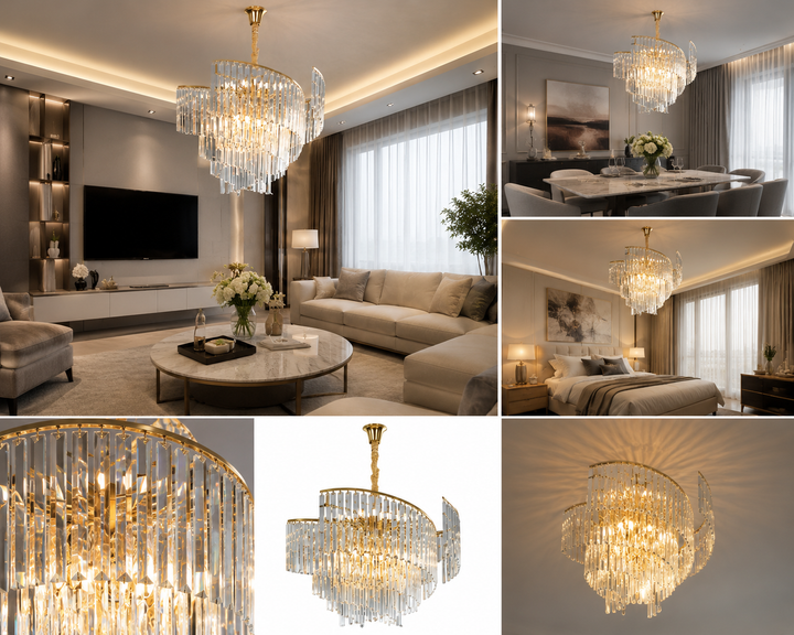 Candelabru Ø560×H510 mm, 10 becuri E27, design grandios cu cristale și structură aurie 98068/600