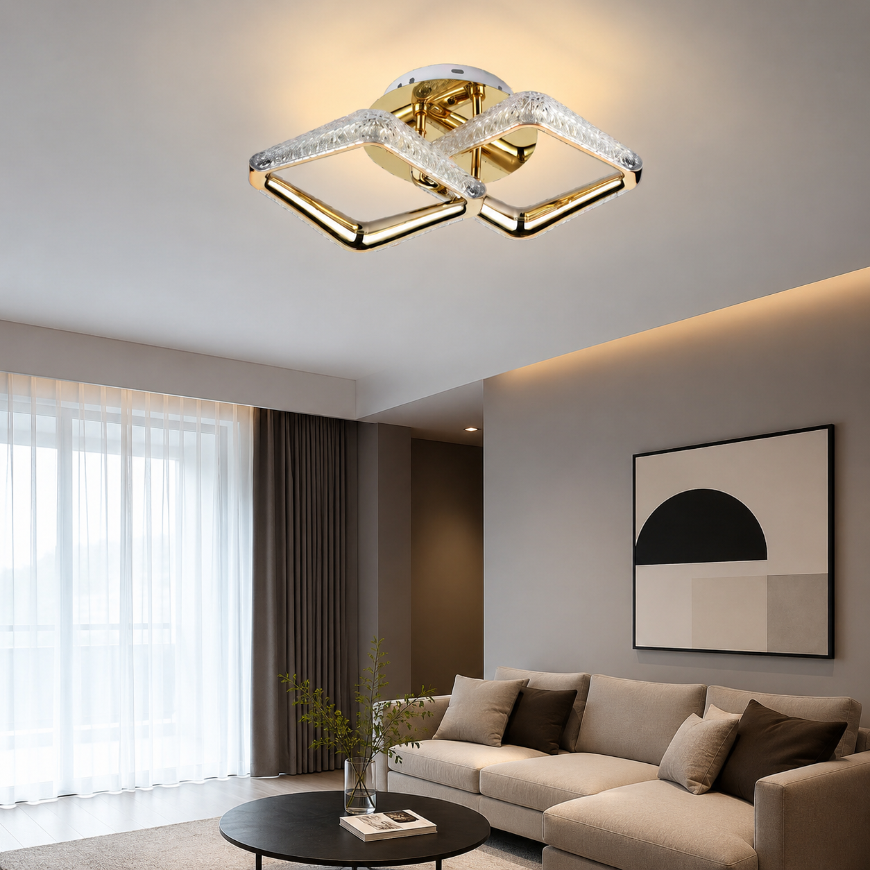 Lustra LED aurie cu două pătrate decorative și telecomandă – 36W, lumină reglabilă 3000–6500K  P013/2