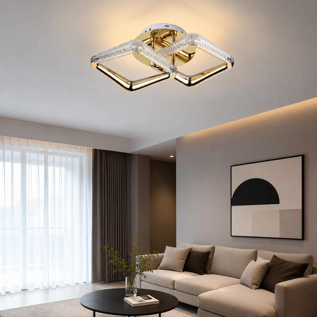 Lustra LED aurie cu două pătrate decorative și telecomandă – 36W, lumină reglabilă 3000–6500K  P013/2