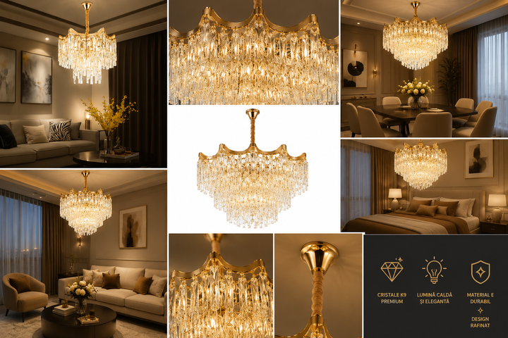 Candelabru Auriu cu Cristale – 5×E27, Ø39 cm, Design Clasic Compact
