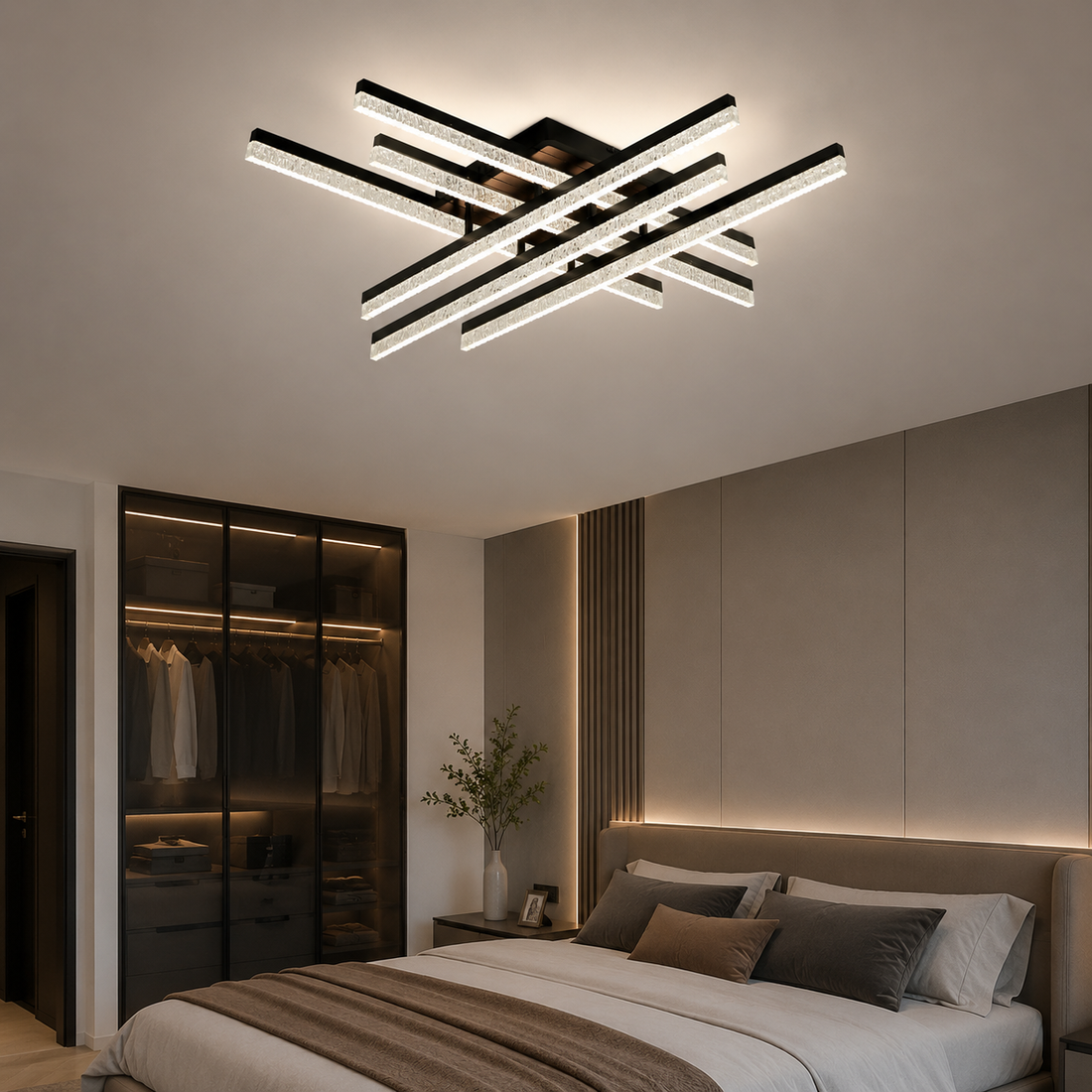Lustra LED cu telecomandă, 720×720×140 mm, 144W, 3300K–6500K, finisaj negru, 2818/3+3 BK