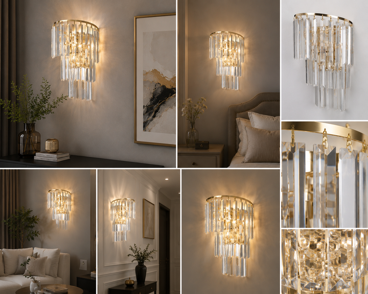 Aplica de perete cu cristale, 2 becuri E14, 230 mm, design luxos tip cascadă, finisaj auriu (FG)98068/2