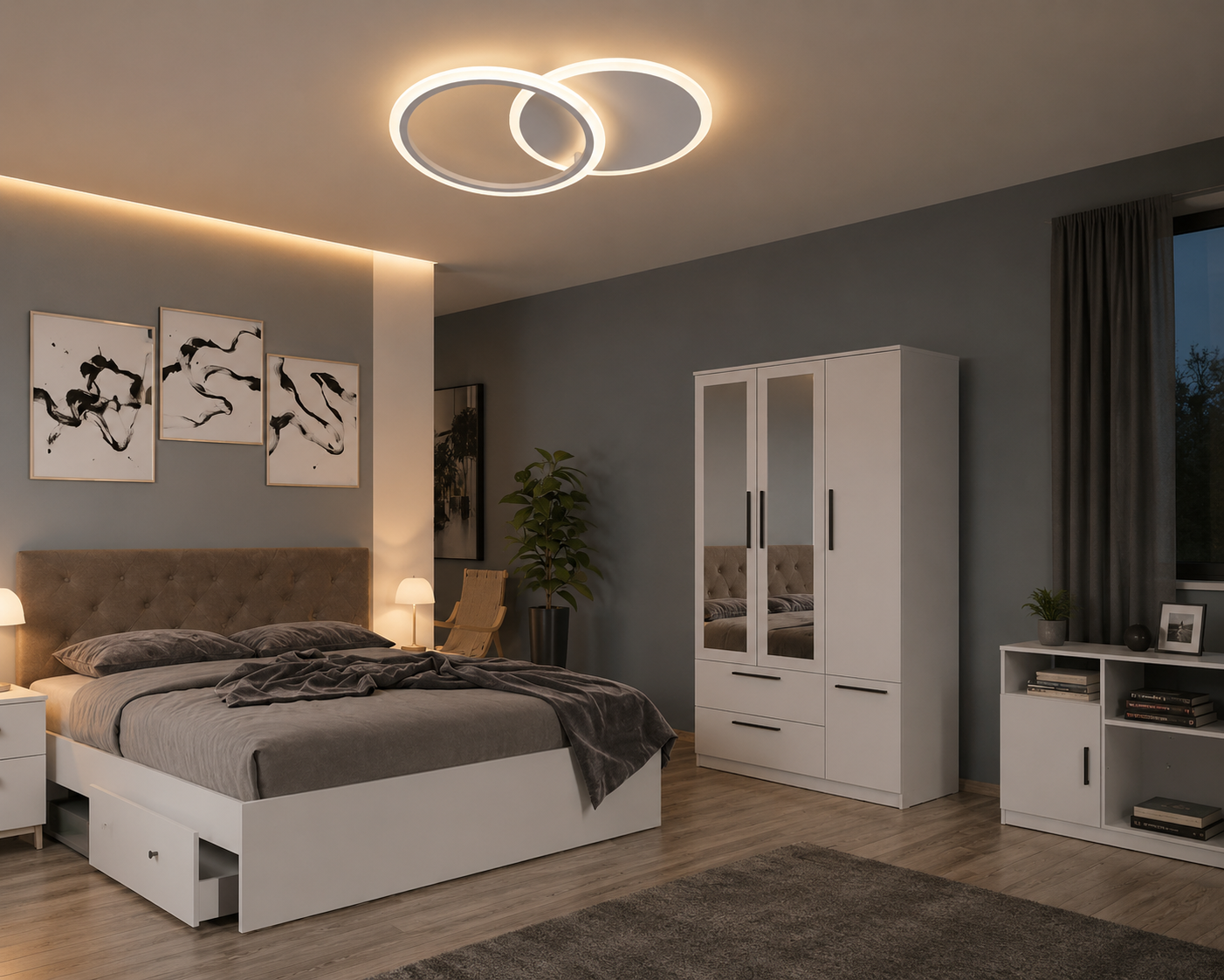 Lustra led LED cu cercuri, model 8888/2WH , Alb, telecomandă, 66W