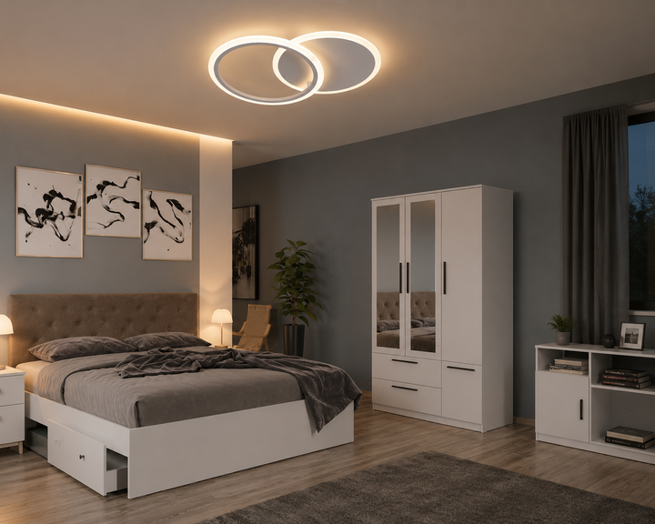 Lustra led LED cu cercuri, model 8888/2WH , Alb, telecomandă, 66W