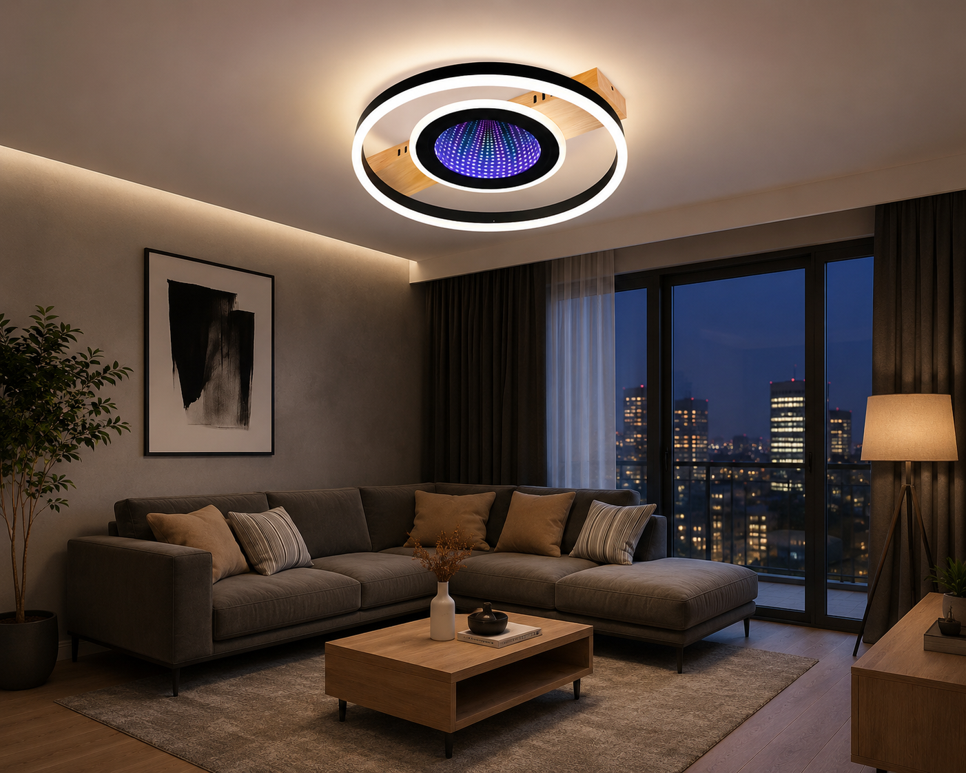 Lustra LED Rotundă cu Design Lemn 9427/400 – Iluminat Modern cu RGB și Telecomandă