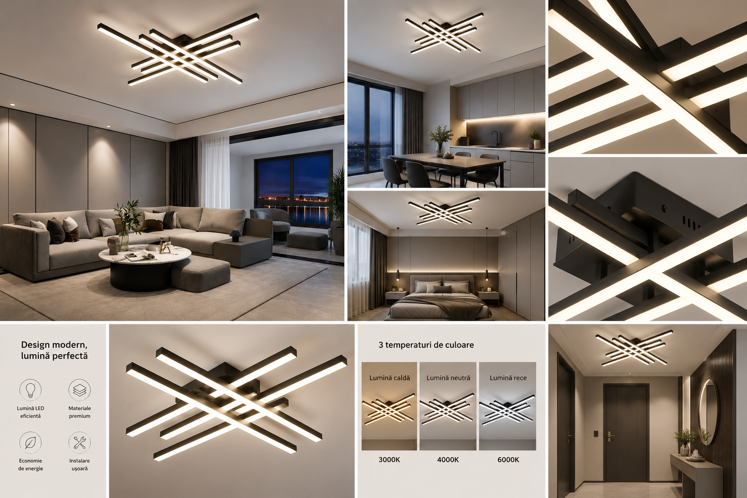 Lustră LED plafon 9795/6BK, 224W, 1200×1200 mm, temperatură reglabilă 3000–6500K, cu telecomandă, design modern negru
