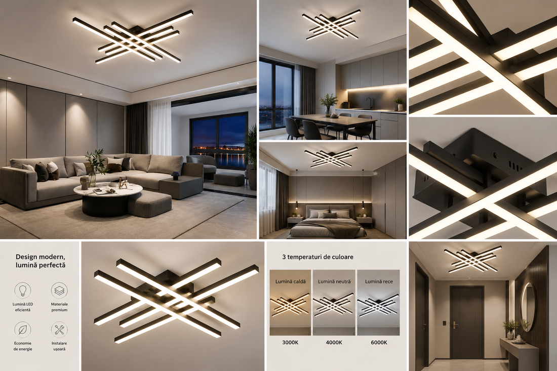 Lustră LED plafon 9795/6BK, 224W, 1200×1200 mm, temperatură reglabilă 3000–6500K, cu telecomandă, design modern negru