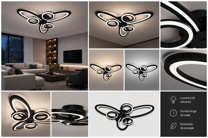 Lustra LED Neagra 6 Cercuri, 96W, 3000-6500K, Telecomanda Inclusa, Model L71591/3+3