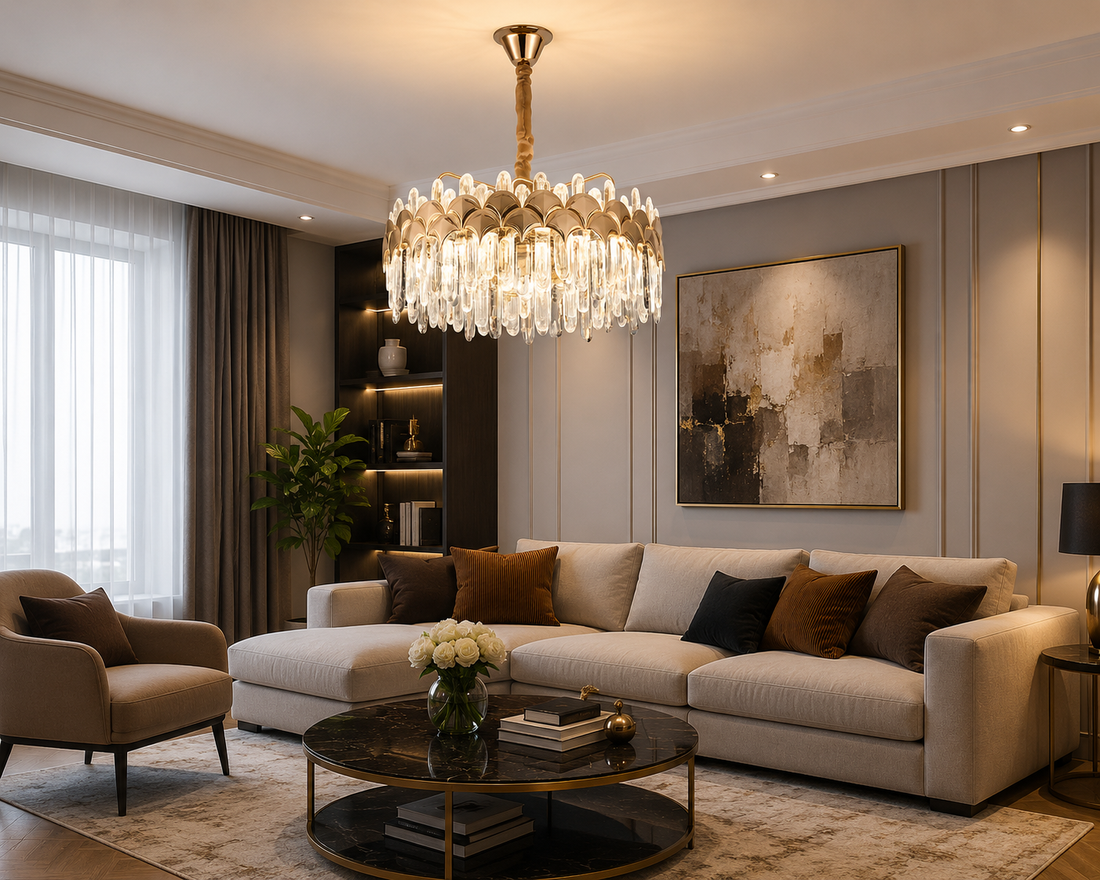 Candelabru Ø480×H285 mm, LED 188W, cristale verticale și cadru auriu decorativ 98093/500