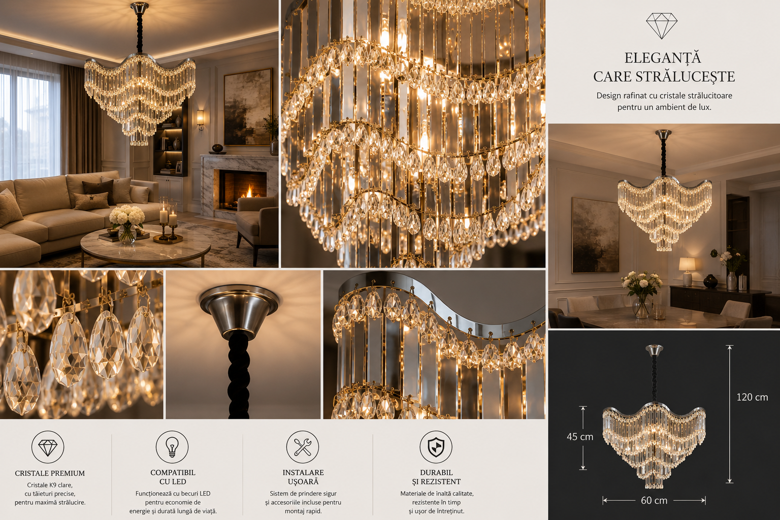 Candelabru modern, Ø600×H556 mm, E27 max 60W × 12, model 78012/600 CH