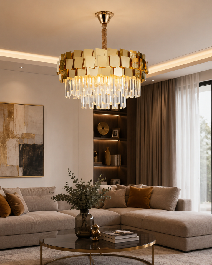 Candelabru auriu cu cristale, Ø600×H370 mm, E27 max 60W × 10, 5580/600 FGD
