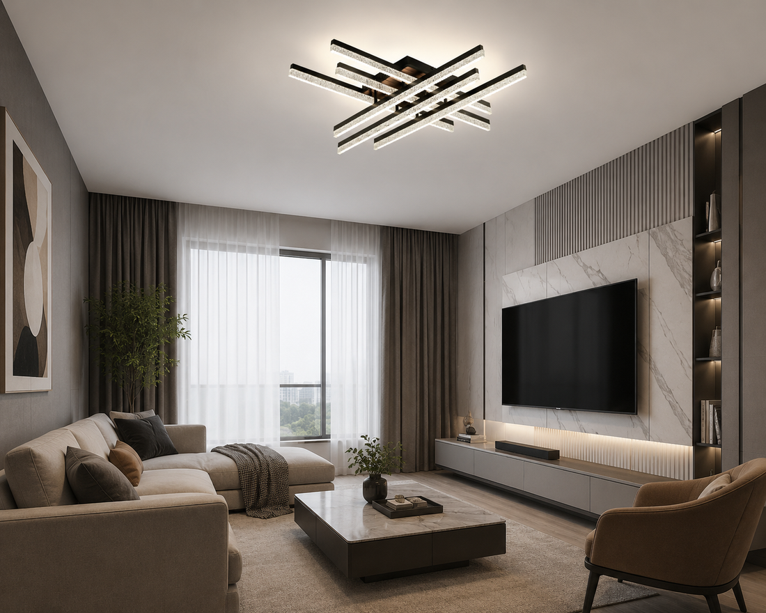 Lustra LED cu telecomandă, 720×720×140 mm, 144W, 3300K–6500K, finisaj negru, 2818/3+3 BK