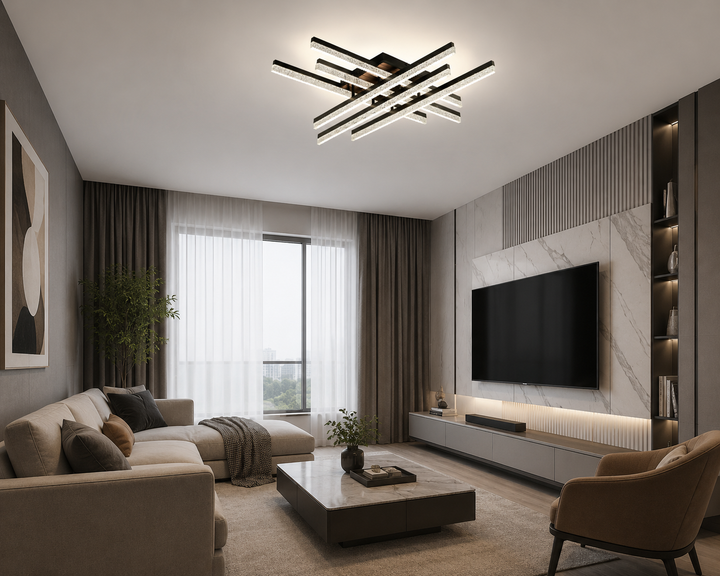 Lustra LED cu telecomandă, 720×720×140 mm, 144W, 3300K–6500K, finisaj negru, 2818/3+3 BK