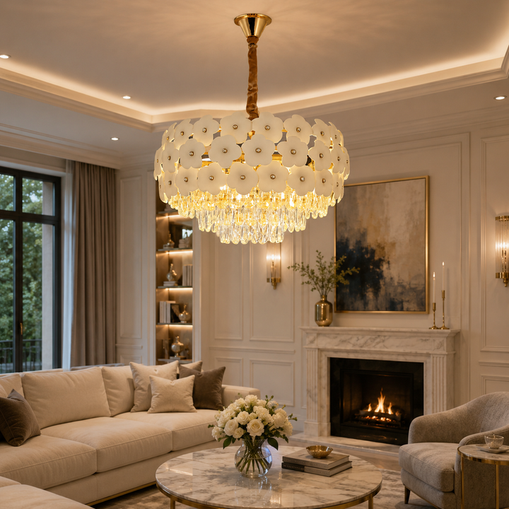 Candelabru elegant cu flori decorative, 10 becuri E27, Ø600×H320 mm – model 70057/600 FGD