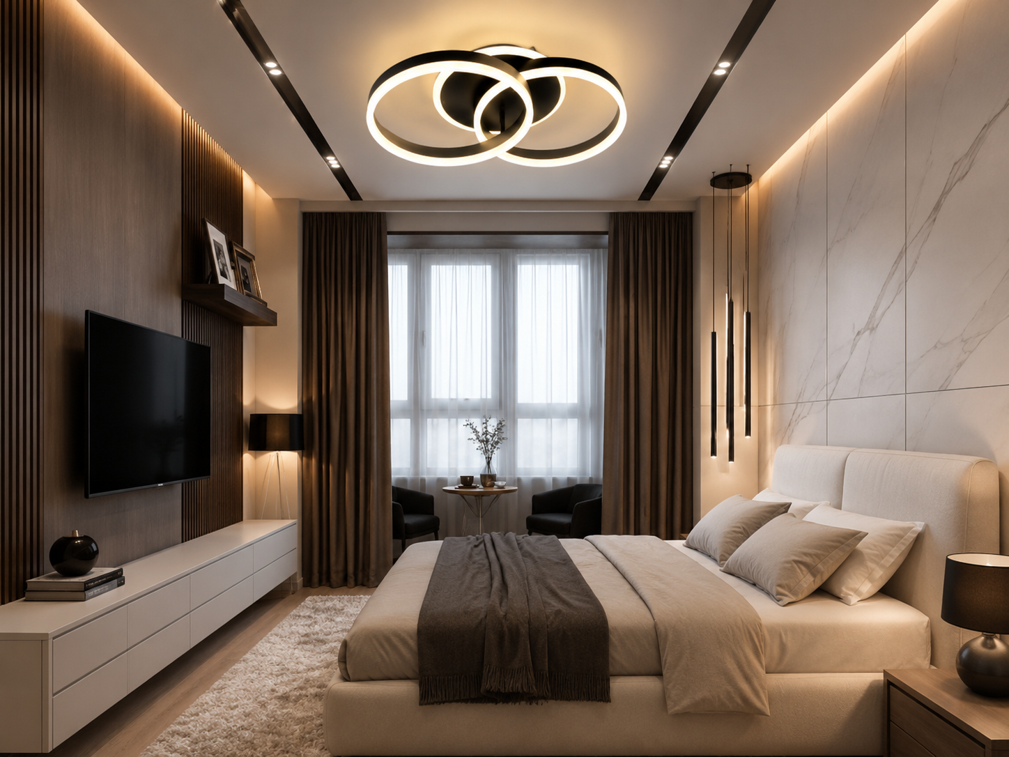Lustră LED modernă 96W, Ø500×H300 mm, lumină reglabilă 3000K–6500K, telecomandă 2.4G, finisaj NEGRU