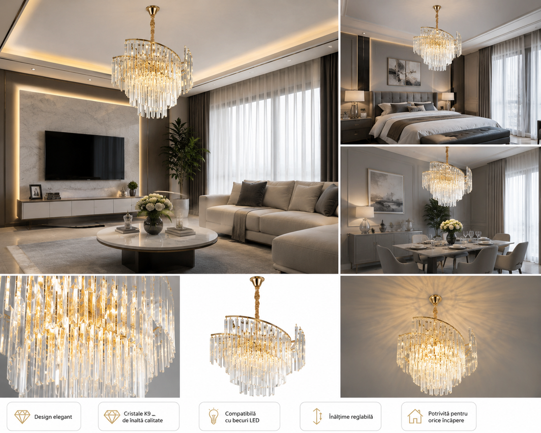 Candelabru Ø400×H380 mm, 5 becuri E27, design cu cristale lungi și structură aurie 98068/400