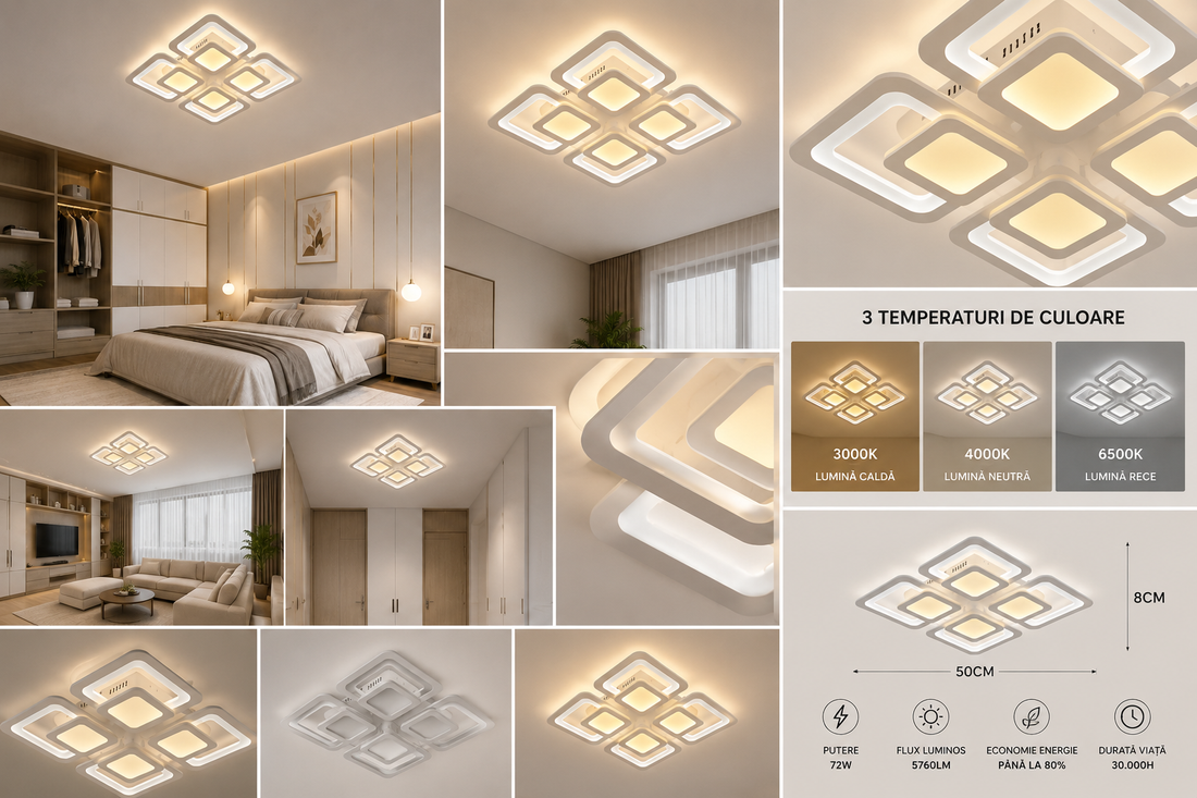 Lustra LED Modernă 8022/4WH – Design Geometric cu 4 Elemente, Alb, Telecomandă Inclusă