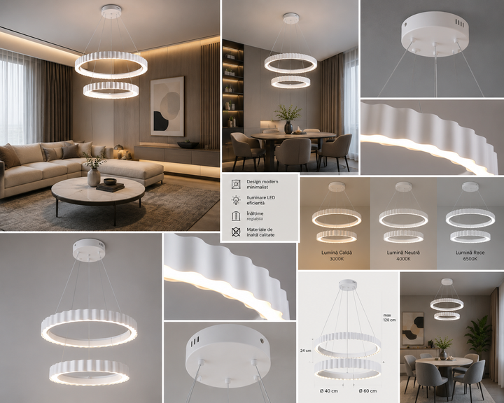 Pendul LED dublu alb suspendat cu telecomandă – design ondulat modern – 122W – 77259/400+600 WH