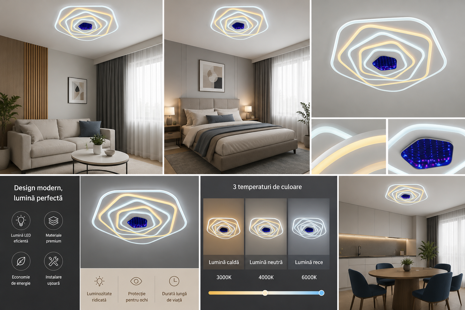 Lustra LED cu telecomanda, 240W, lumina reglabila 3000K–6500K, Ø500×H70 mm, design rotund cu sursă dublă