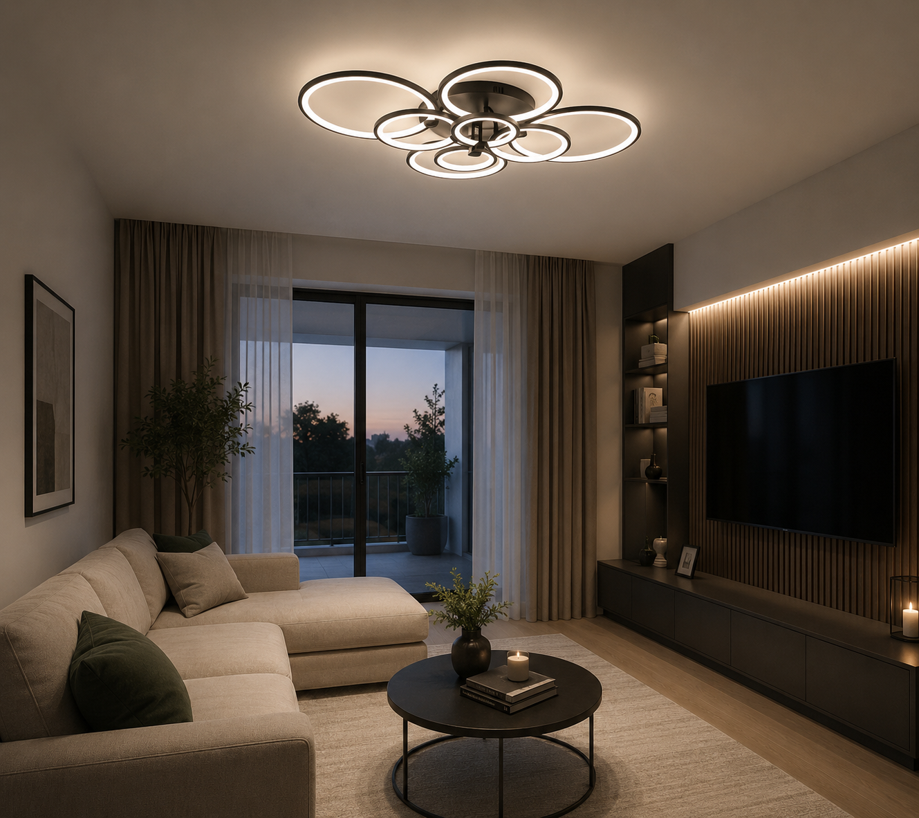 Lustra LED cu telecomanda 8067/4+4, Design cu Inele, 300W, Negru