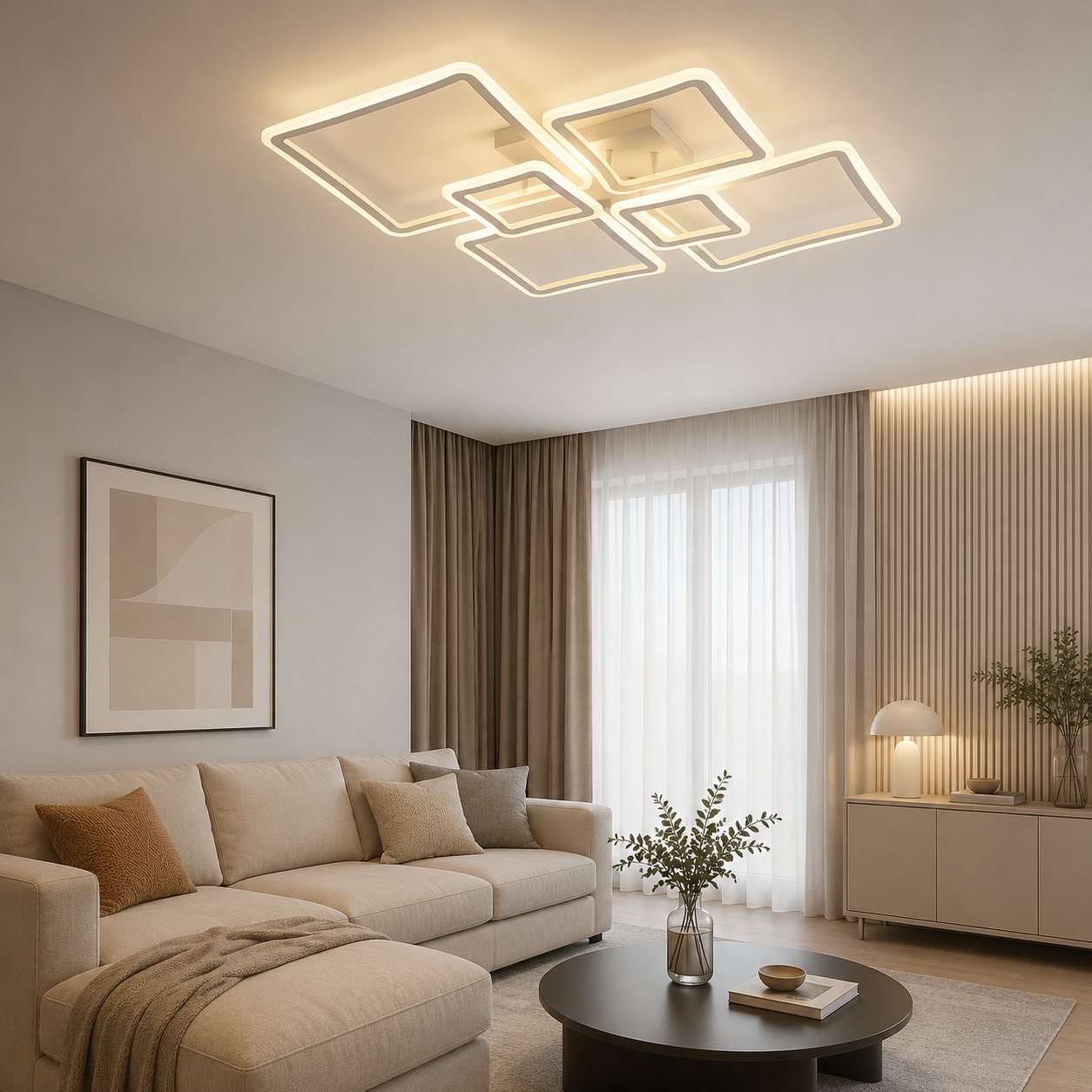 Lustră LED Albă 4+2 Brațe, 168W, Temperatură Reglabilă 3000–6500K, cu Telecomandă – Design Geometric Modern