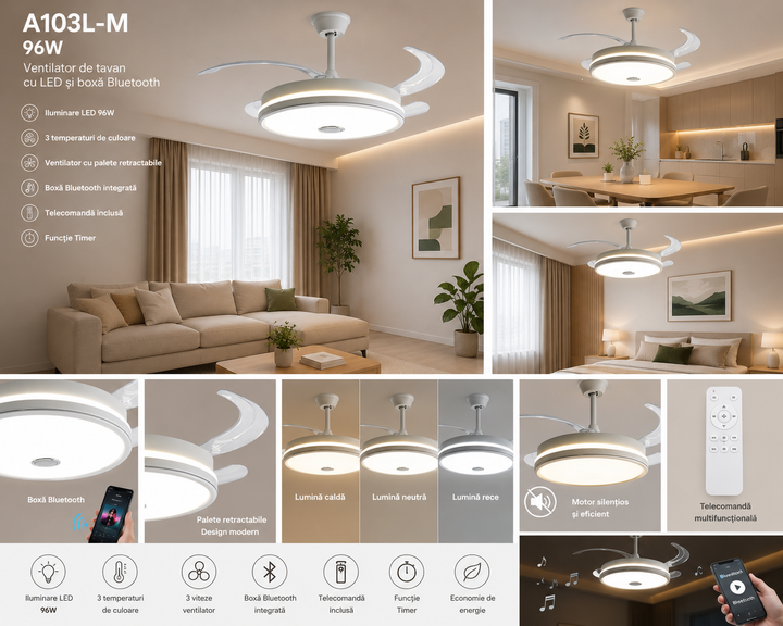 Ventilator de tavan cu LED și Boxă Bluetooth ; A103L-M, 96W