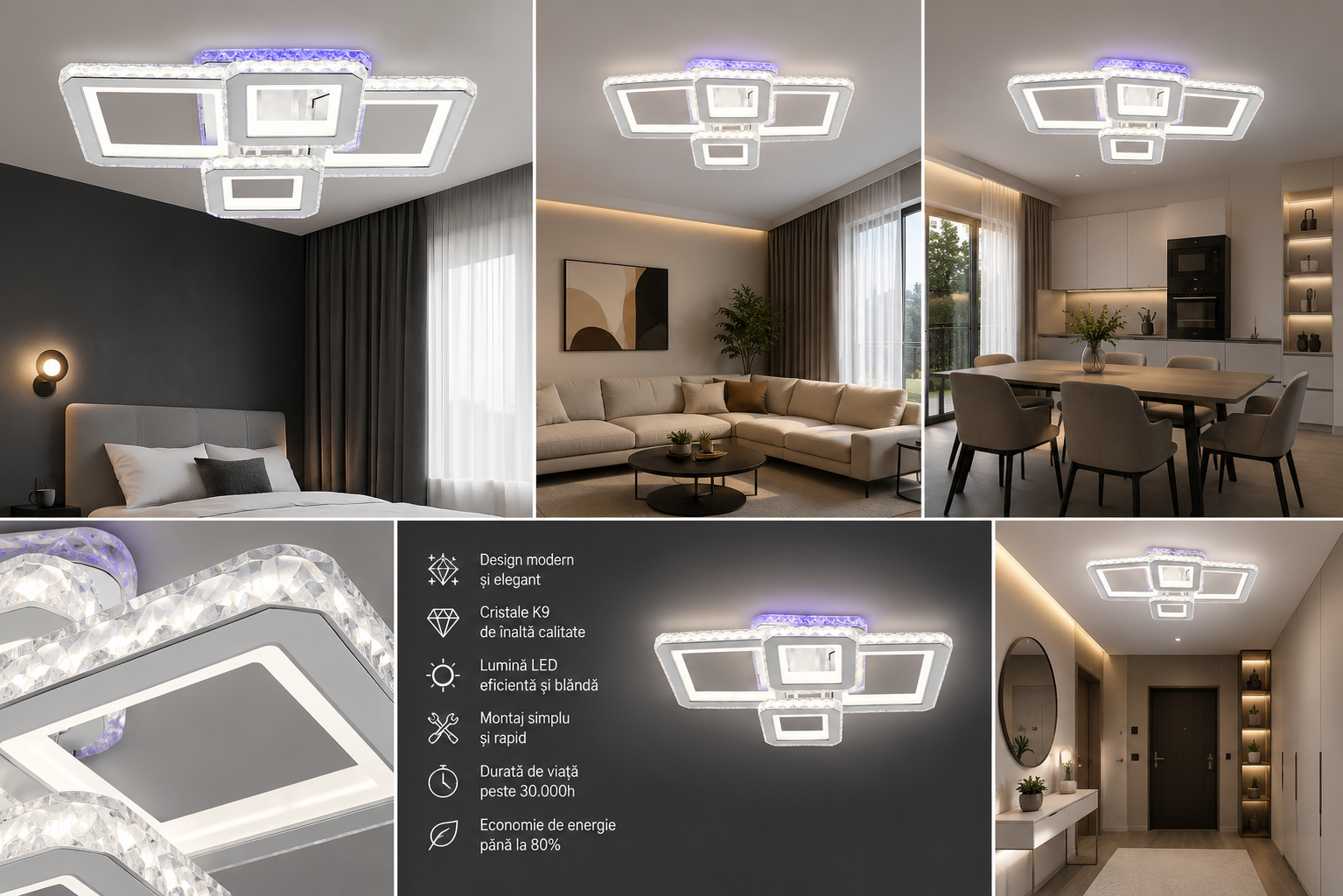 Lustra LED 2+2 patrata, design modern alb cu insertii cromate – L7965/2+2C WH+CR
