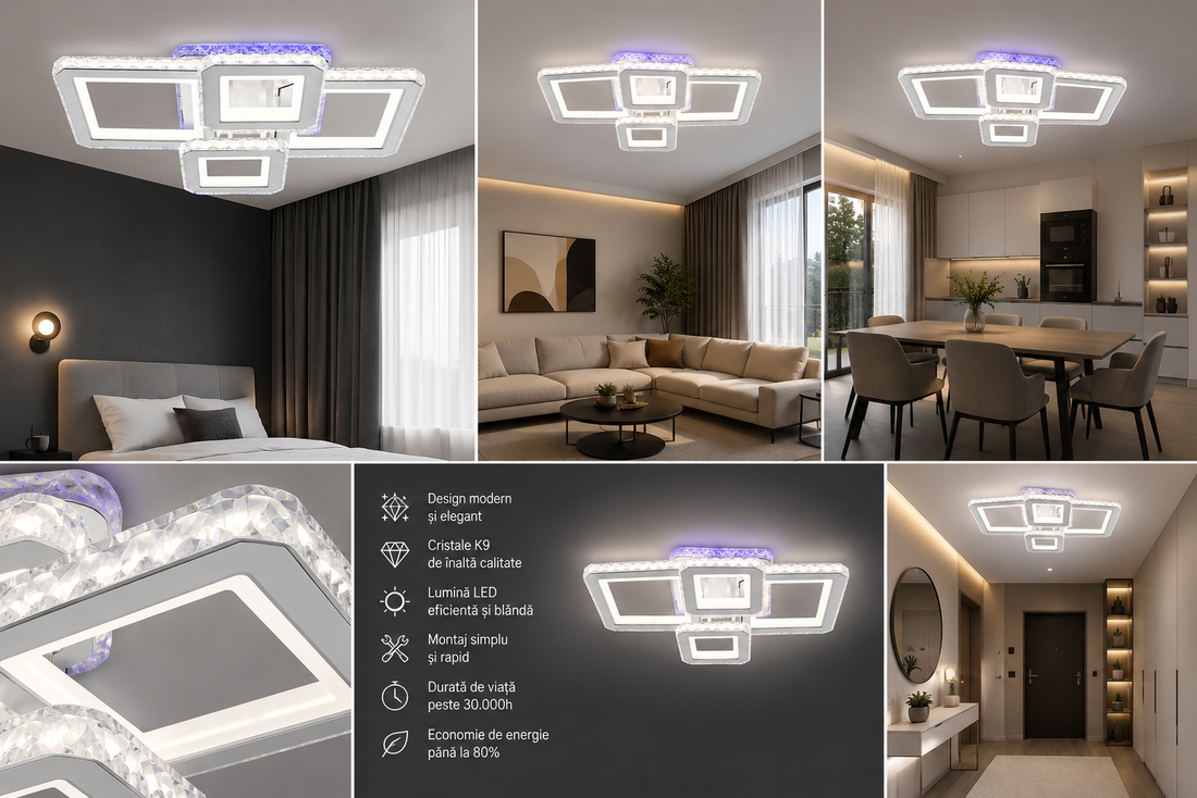 Lustra LED 2+2 patrata, design modern alb cu insertii cromate – L7965/2+2C WH+CR